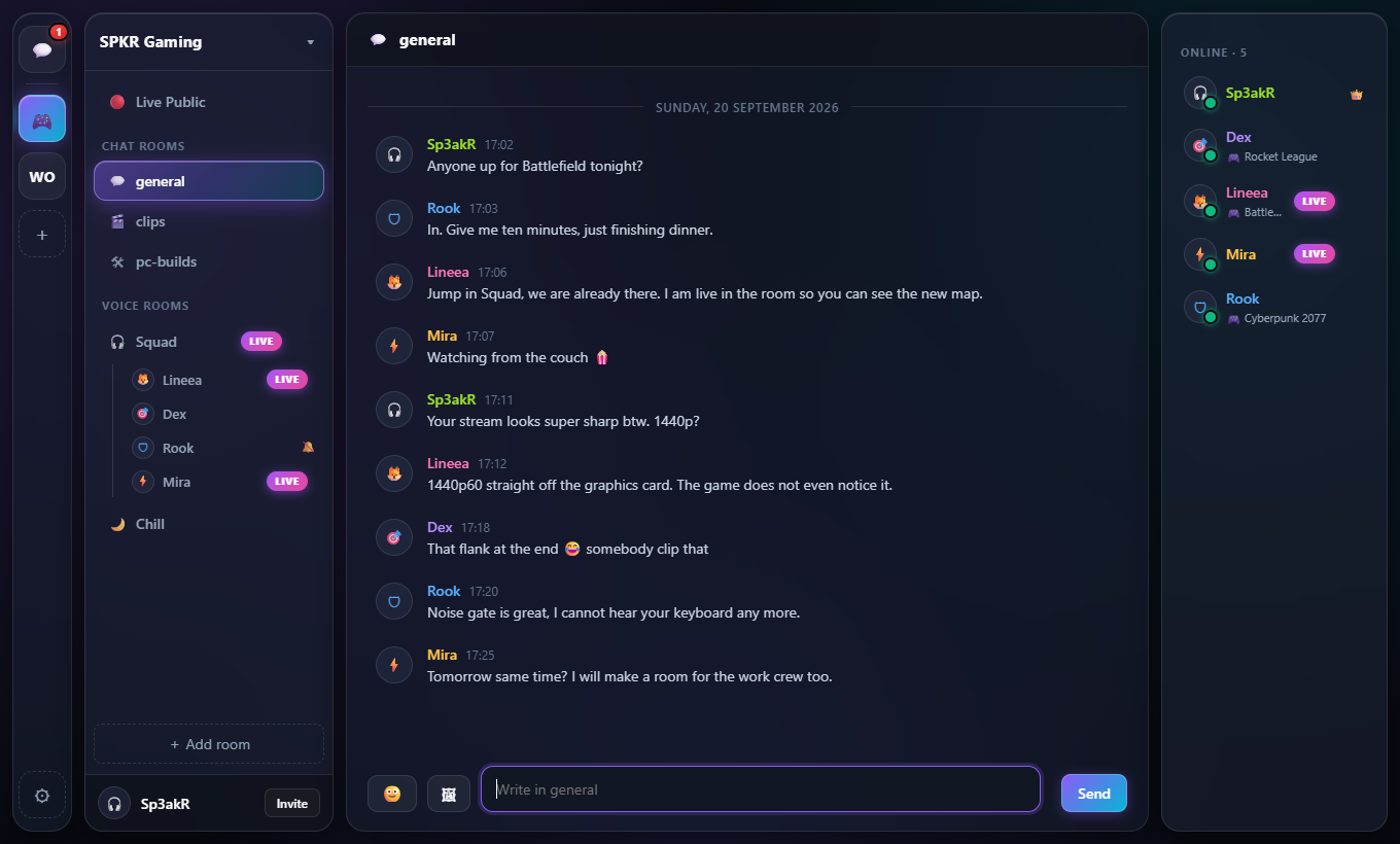 TALKIE: servers, chat rooms, voice rooms and who is online